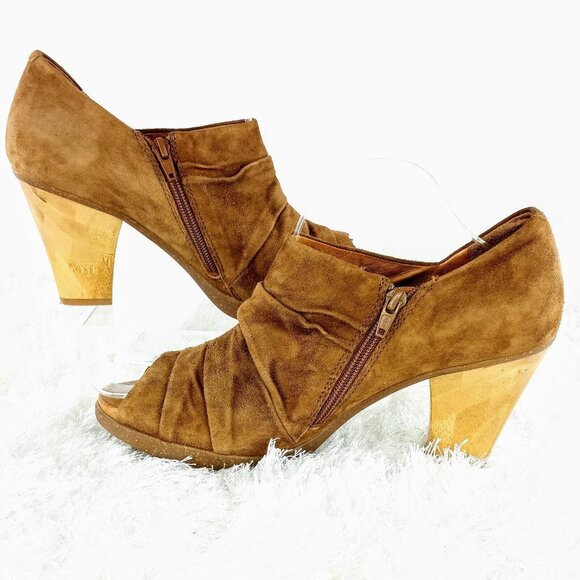 Naya 10 Ana Suede Leather Peep Toe Bootie Zip Up Bamboo Heels - Picture 1 of 12